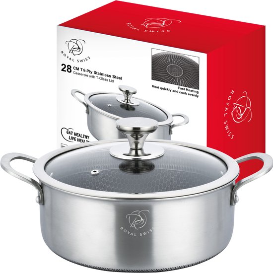 Royal Swiss 28 cm braadpan van tri-ply roestvrij staal met glazen deksel, honingraatinterieur.