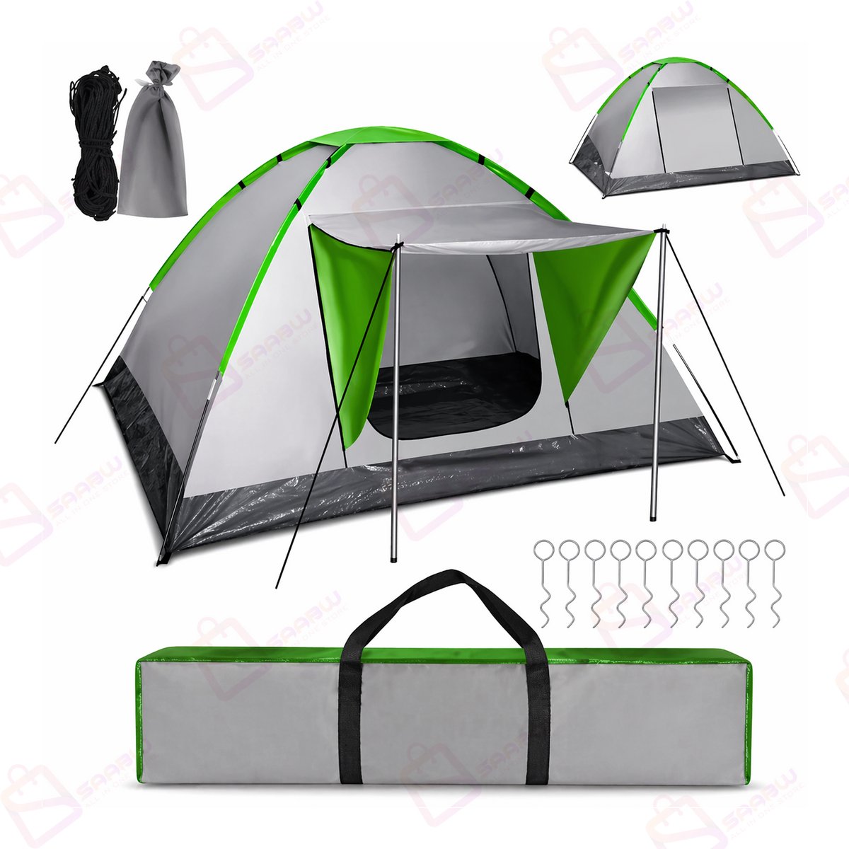 4-Persoons Camping Tent Montana – Waterdicht 5000mm met Luifel & Muskietennet – Lichtgewicht Koepeltent – familie tent – Inclusief Draagtas – 200 x 200 x 110 cm – 50078