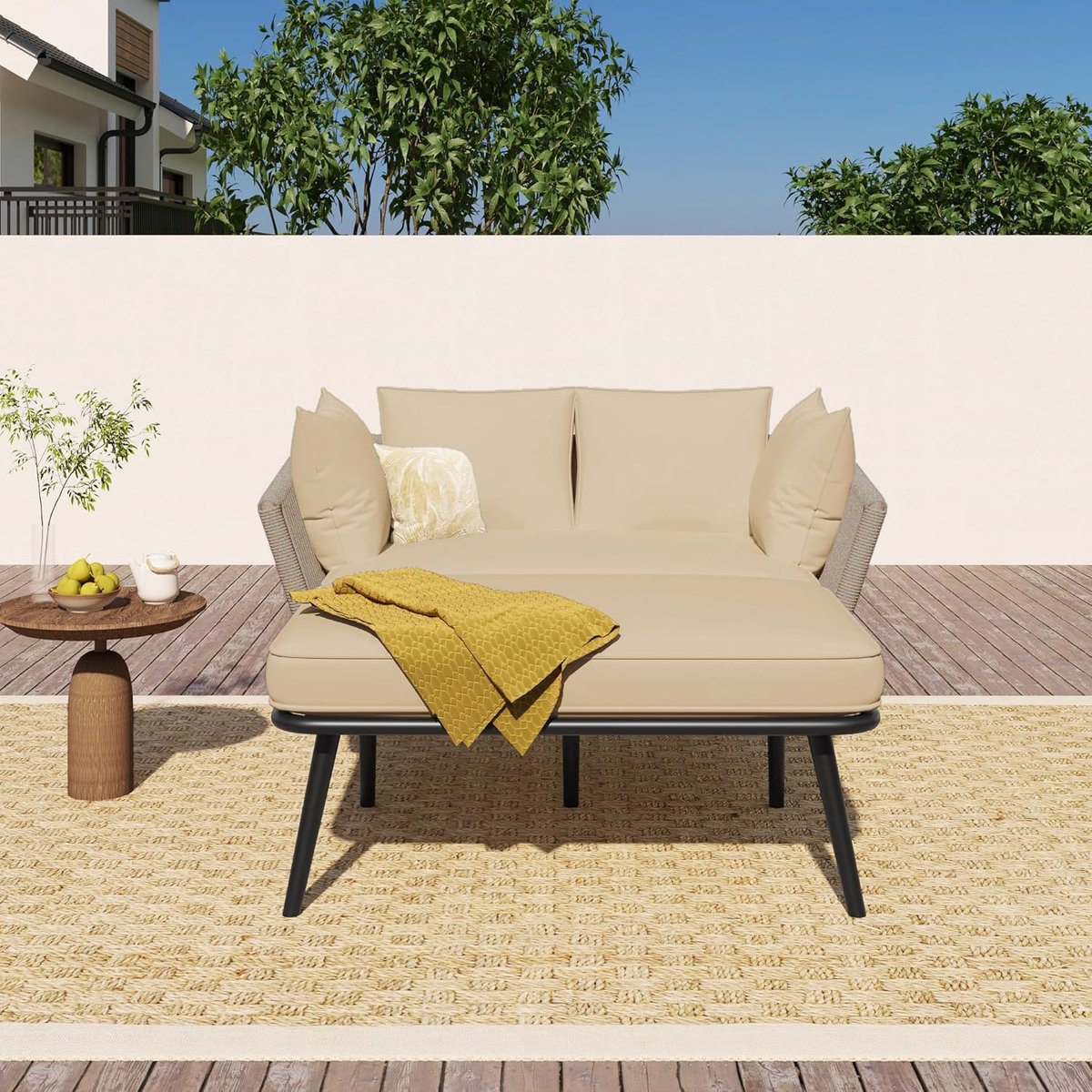 2-Persoons Tuinlounge Zonnebed 130x120x67 cm – Weerbestendig Outdoor Lounge Eiland met Extra Dikke Kussens, Stalen Frame & Handgevlochten Touwdesign voor Tuin, Terras & Balkon – Kaki – Laura