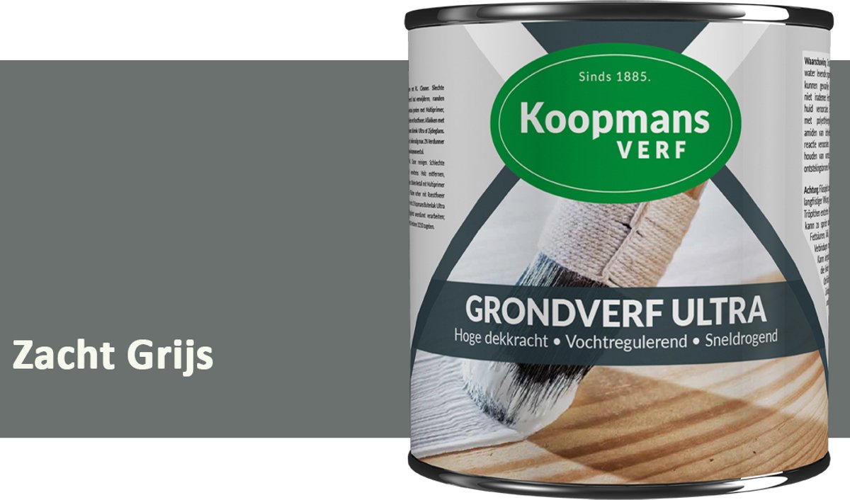 Koopmans Grondverf Ultra – Grondverf Hout & Metaal Binnen en Buiten – Vochtregulerende Primer – Hoge Dekking – Zijdeglans – Zacht Grijs – 1,5 l