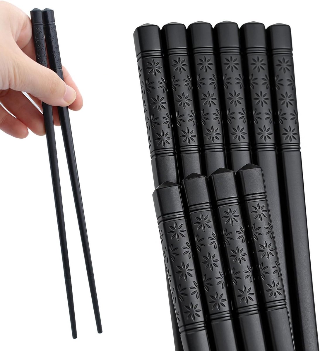 SnelShoppen - 5 Pairs Wasbare Sushi Chopsticks 24 cm - Japanse Chopsticks met Engraving Pattern - Non-Slip Herbruikbaar - Vaatwasserbestendig - Zwart