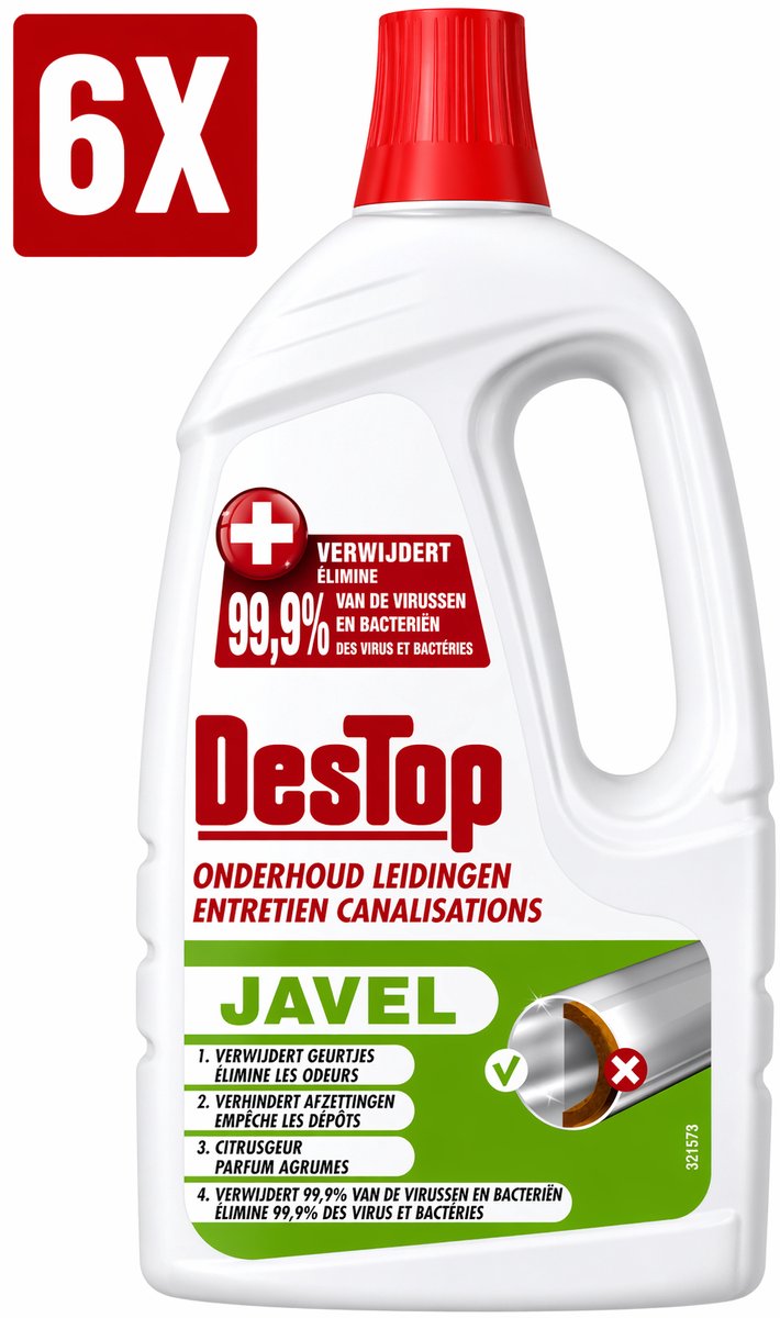 6 x DesTop - Onderhoud Leidingen - Javel - 4-in-1 Werking - Citroengeur - 1,5L