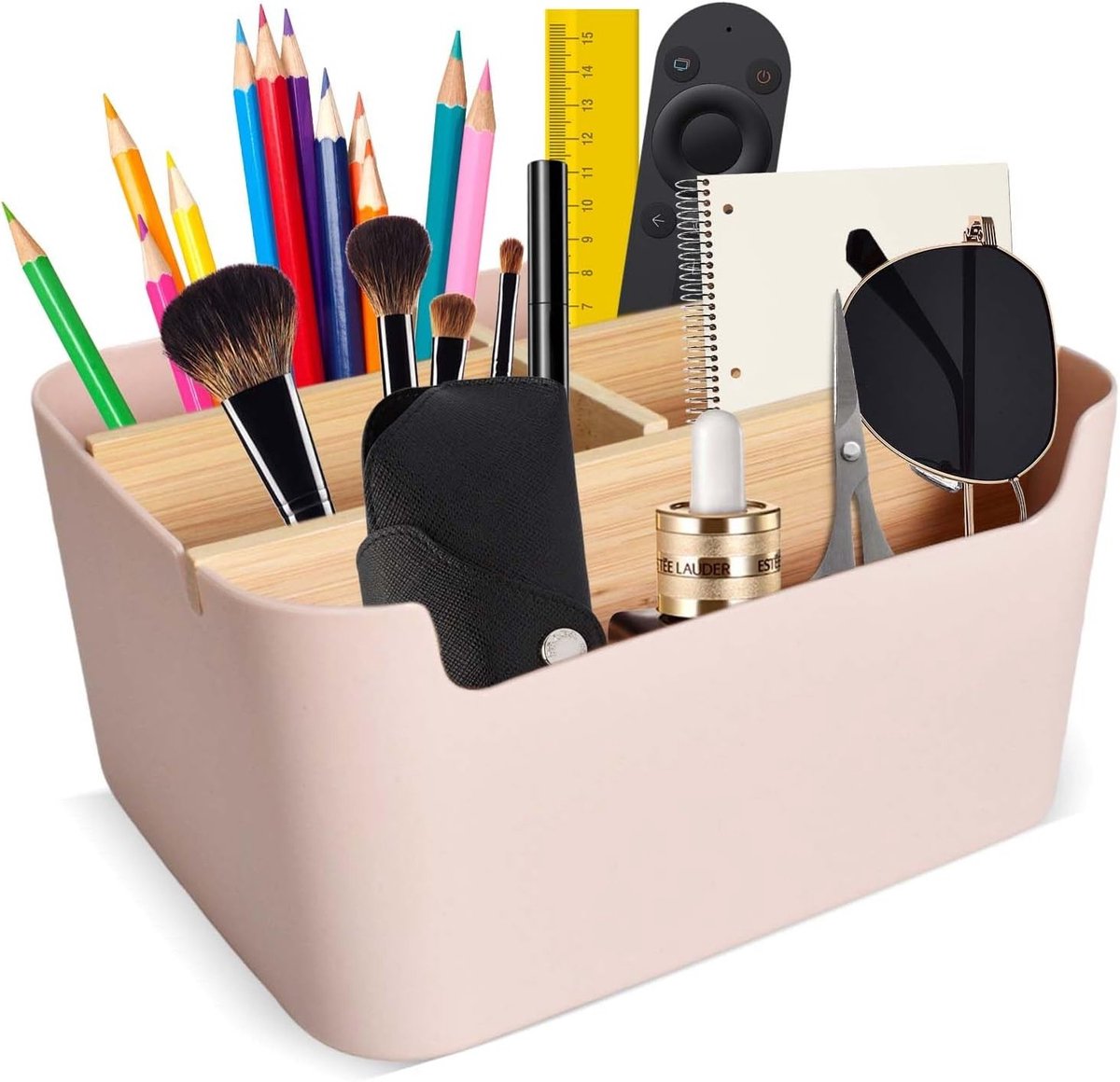 Multifunctionele Bureau Organizer met 5 Compartimenten, Plastic Houten Opbergdoos voor Remote, Cosmetica en Pennen (Roze)