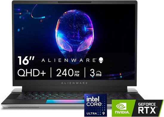Alienware X16 R2 Gaming Laptop - 16 inch QHD+ 240Hz 3ms scherm, Intel Core Ultra 9-185H, 32GB LPDDR5X RAM, 1TB SSD, NVIDIA GeForce RTX 4080 12 GB GDDR6, Windows 11 Home, Onsite Service - Lunar Silver - Alienware - Hoofdafbeelding