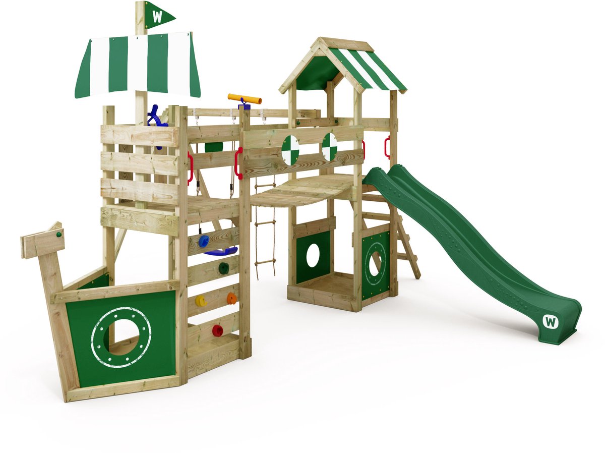 Wickey StormFlyer Speeltoestel - Schommel en Touwladder met Glijbaan - Wiebelbrug & 2 Zandbakken - 494x495x260 cm - Groen