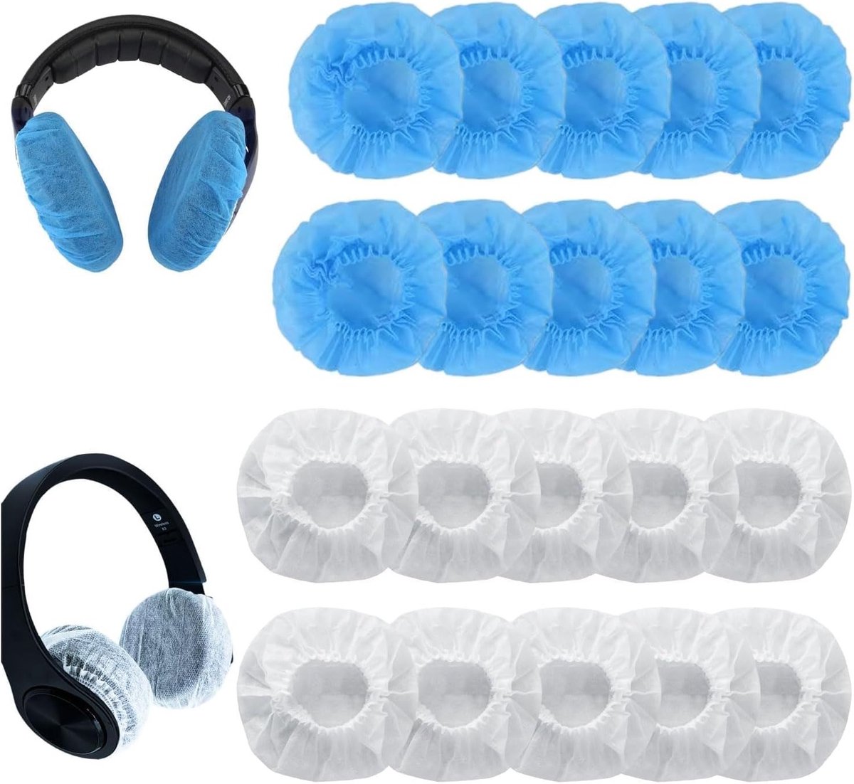 Set van 200 Hoofdtelefoonhoezen, Stofbescherming, Oorkussens, Fleecehoezen voor Hoofdtelefoons van 11-12 cm Breed (Blauw, Wit) - Ideaal voor Comfort en Hygiëne