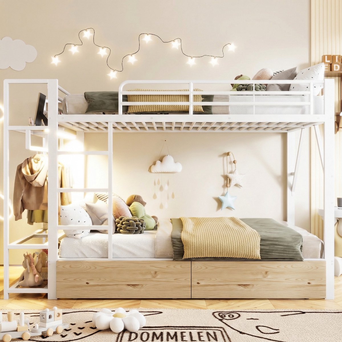 VVBV Stapelbed 140x200 – Kinderstapelbed met 2 Lades en LED – Metaal – Zonder Matras – Wit – Opbergruimte – LED-Verlichting – Metalen Frame White