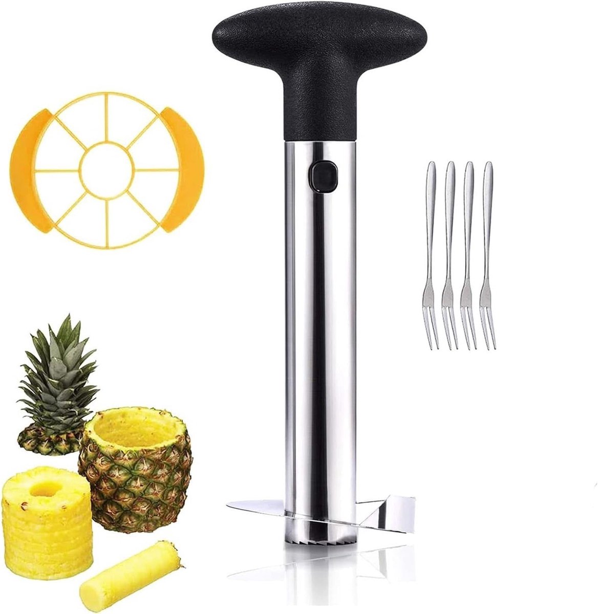 Professionele Ananas Snijder Set met RVS Pitter en 4 Fruitvorken voor Perfecte Ananas Plakken, Schalen en Snacks