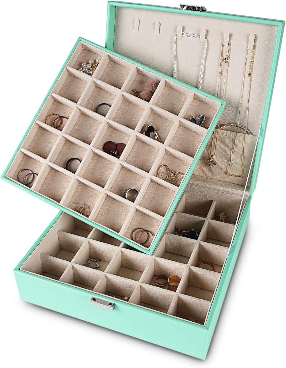 Earring Organizer voor Sieraden met 50 Slots, Dubbele Laag en Ruimte voor Kettingen en Armbanden (Turquoise)