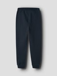 Donkerblauwe joggingbroek, achterkant, met elastische taille en zoom.