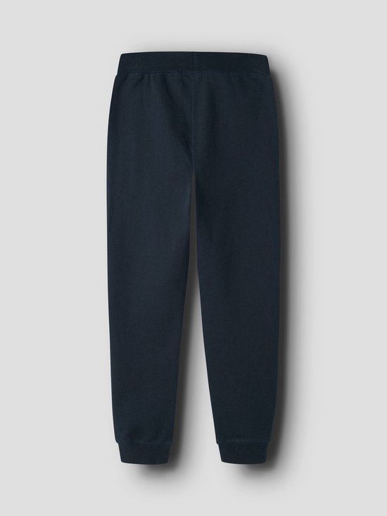 Donkerblauwe joggingbroek, achterkant, met elastische taille en zoom.