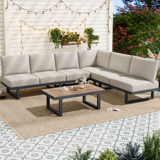 Tuinmeubelset, Tuin Lounge Fauteuil Set, Hoekbank, Outdoor Relaxbed, Salontafel, Kan omgevormd worden tot ligbed, gegalvaniseerd staal, Grijs