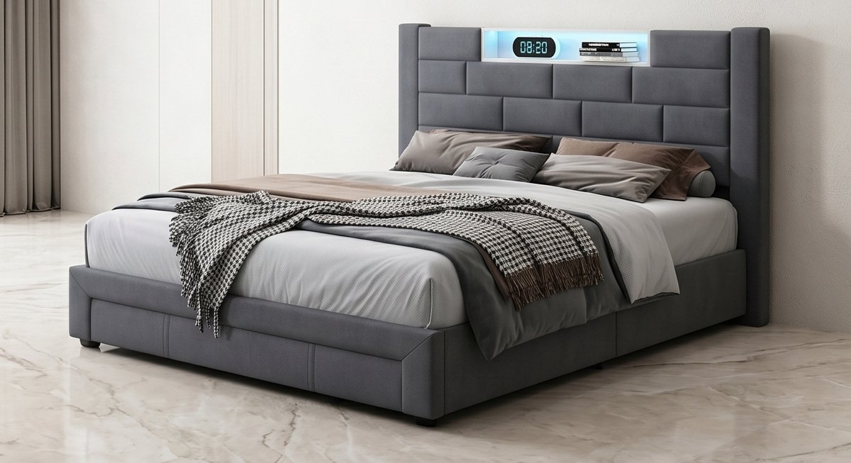 Luxe LED Opbergbed 160x200 cm met USB Oplaadpoorten en 3 Lades – Fluwelen Boxspring Look Tweepersoonsbed met Hoofdbord en Opbergruimte – Modern Bedframe Grijs – Mobili Bella