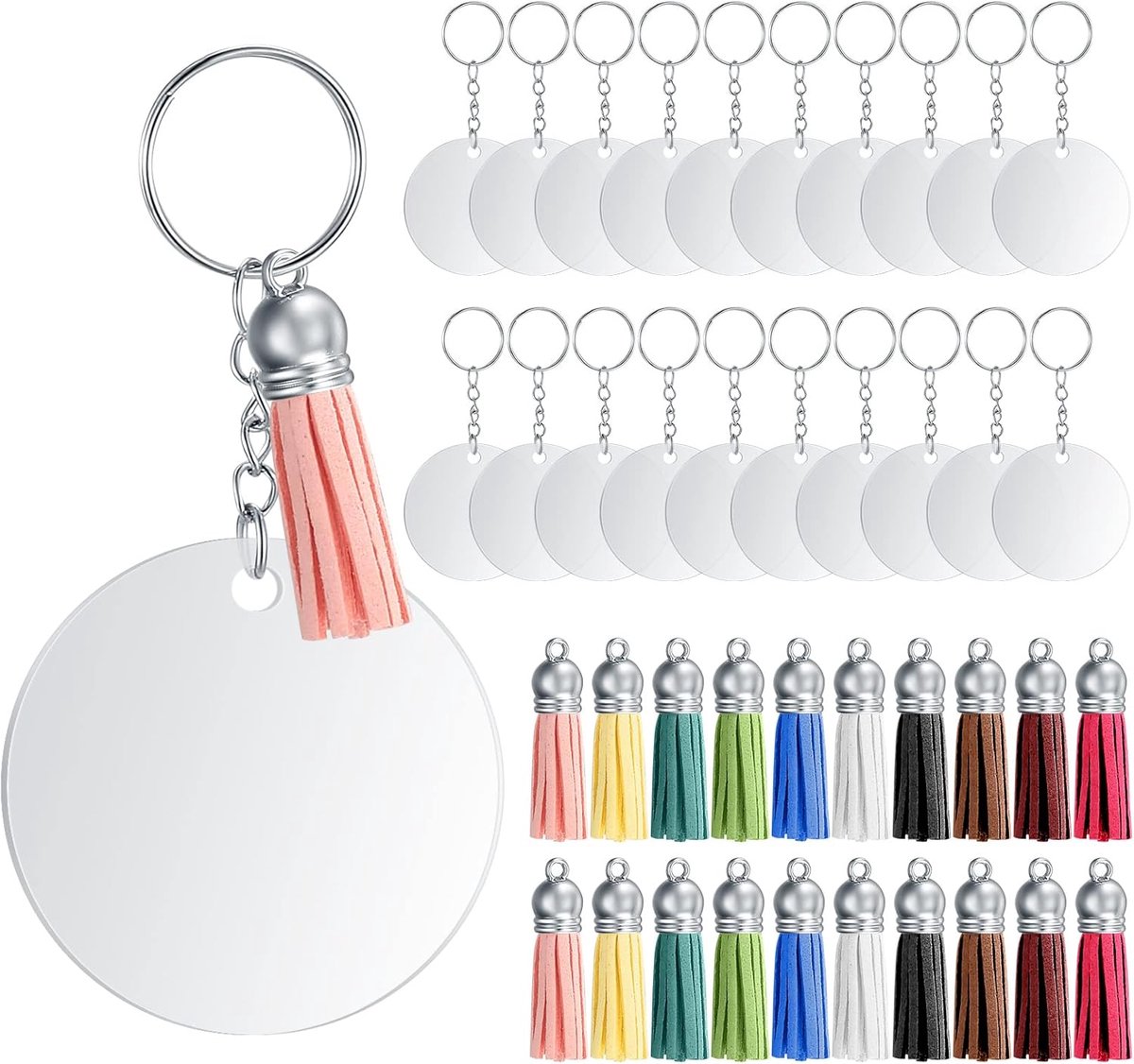 Sander Shop 80 stuks Acryl Sleutelhanger Blanco Set, met 20 Kleurrijke Kwasthangers, 20 Acryl Sleutelhanger Blanco's met 20 Sleutelringen en 20 Splitringen, voor DIY Sleutelhanger Knutselen