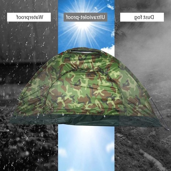 Tent-Camping tent-1-Persoons-(180x90)cm Woodland Patroon- Opvouwbaar, Mesh Ventilatie, Weerbestendig-Opbergruimte en 4 Haringen - Ideaal voor Alle Seizoenen. van Obelink — afbeelding 5