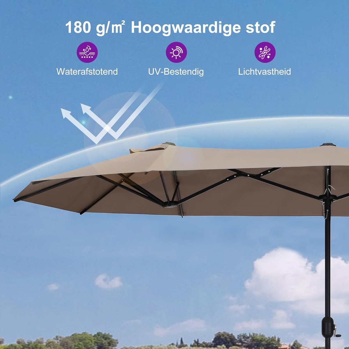 Zweefparasol XXL 455x270 cm Rechthoekig UV-bestendig Tuinparasol met Aluminium Frame, Slingermechanisme & 12 m² Schaduw – Taupe – Mobili Bella