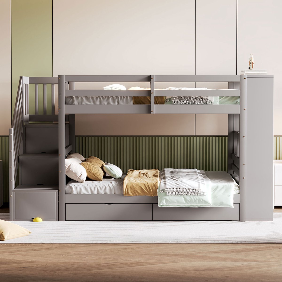 VVBV Stapelbed 90x200 / Stapelbed met opbergruimte / Stapelbed met trap – met Lades – Tienerbed – Grijs – Tienerbed 90x200 – Grenenhout Gray