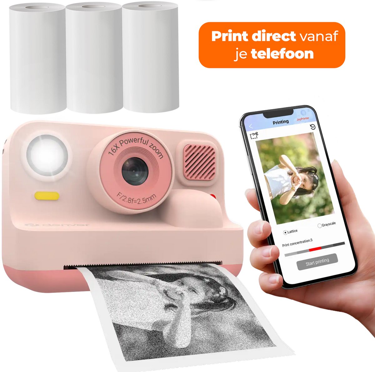 Denver Kindercamera Full HD met Printer - Selfie Camera - 48MP - Digitale Camera Kinderen - Bluetooth printer - Foto & Video - KPC1374BTRO - Roze