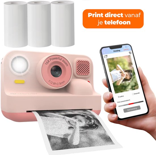Roze instantcamera met rolletjes papier. Print foto direct vanaf telefoon.