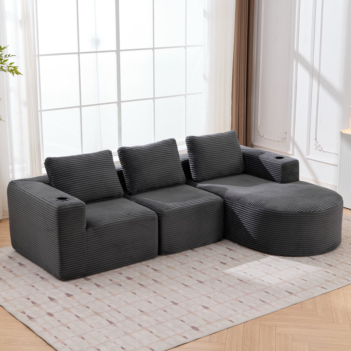 MIVRAY 2-Zitsbank Compact - Comfort Met Drie Kussens En Dubbele Bekerhouders - Voor Woonkamer Of Kantoor - Polyester Donkergrijs