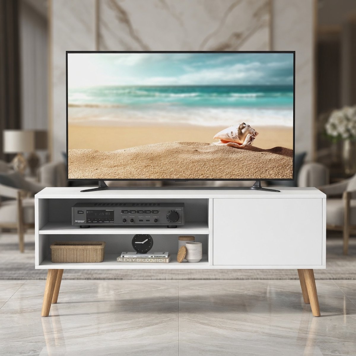 Moderne TV-Kast 120 cm Wit – Mobili Bella Industrieel Lowboard TV-Meubel met Opbergruimte, Kabelmanagement & Kast – Geschikt voor TV tot 55 inch – Stevig Draagvermogen 100 kg – Woonkamer TV Meubel Design