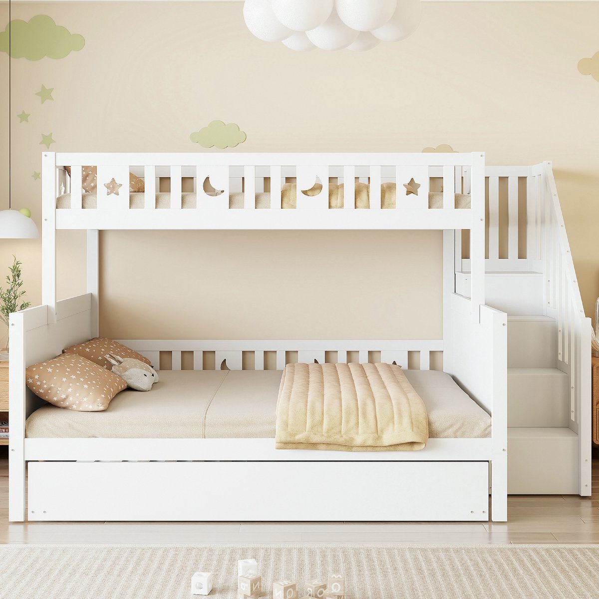VVBV Stapelbed Kinderen 90x200 / 140x200 cm met Uitschuifbed, Massief Hout, Veilige Trap en Lattenbodem, Wit White