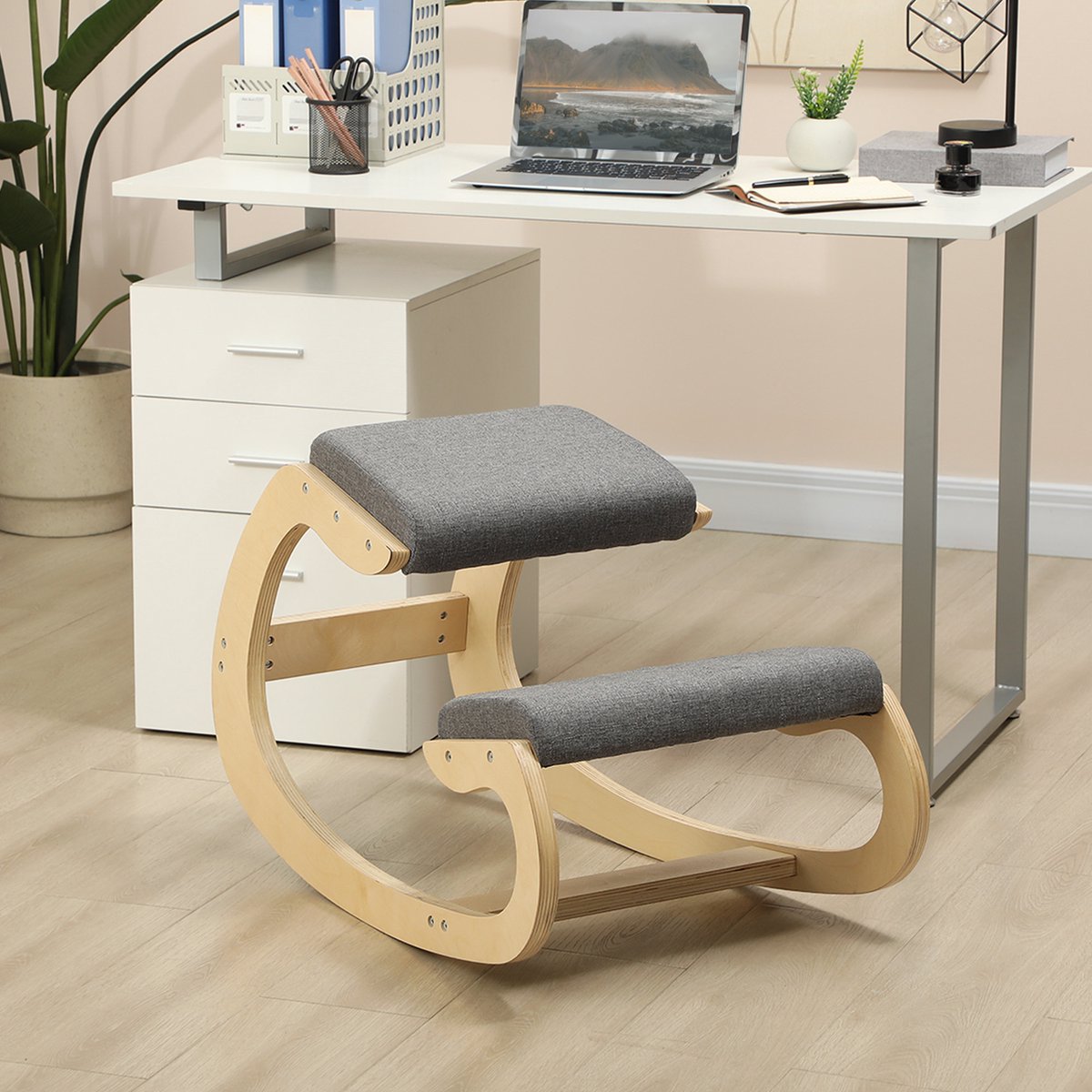 MODENUIT Kniekruk 54,5 x 85 x 54 cm - Schommelend Ergonomisch Ontwerp - Voor Thuiswerk En Meditatie - Hout Grijs