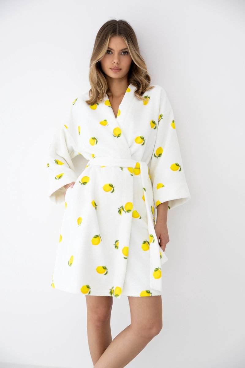Sensis Badjas Dames Badstof Citroenenprint Kimono Strikceintuur Wit LEMONS L/XL