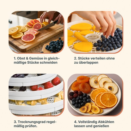 Vier afbeeldingen van het bereiden van gedroogd voedsel: snijden van fruit, verdelen van mango en blauwe bessen, controleren van droogfruit en een bord met gedroogd fruit.