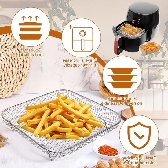 Set van 3 Stapelbare Airfryer Racks met Siliconen Voeten en Tweezer - Ideaal voor Koken, Bakken en Grillen in de Airfryer, 20cm RVS Accessoires — afbeelding 4