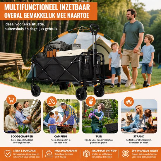 Opvouwbare Bolderkar / strandwagen - 300KG Draagkracht - 150L Inhoud - All-Terrain Wielen - Verstelbare Handgreep - Camping, Strand & Boodschappen van Merkloos — afbeelding 4