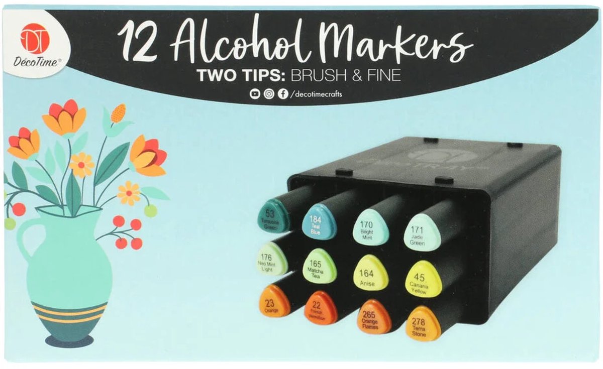 Alcohol Twinmarkers brush en fine - Blauwe set - Decotime - Professionele Twinmarkers - 12 pieces - Alle kleuren - Hobby en Creatief Volwassenen - Alcohol Markers - Twin Markers