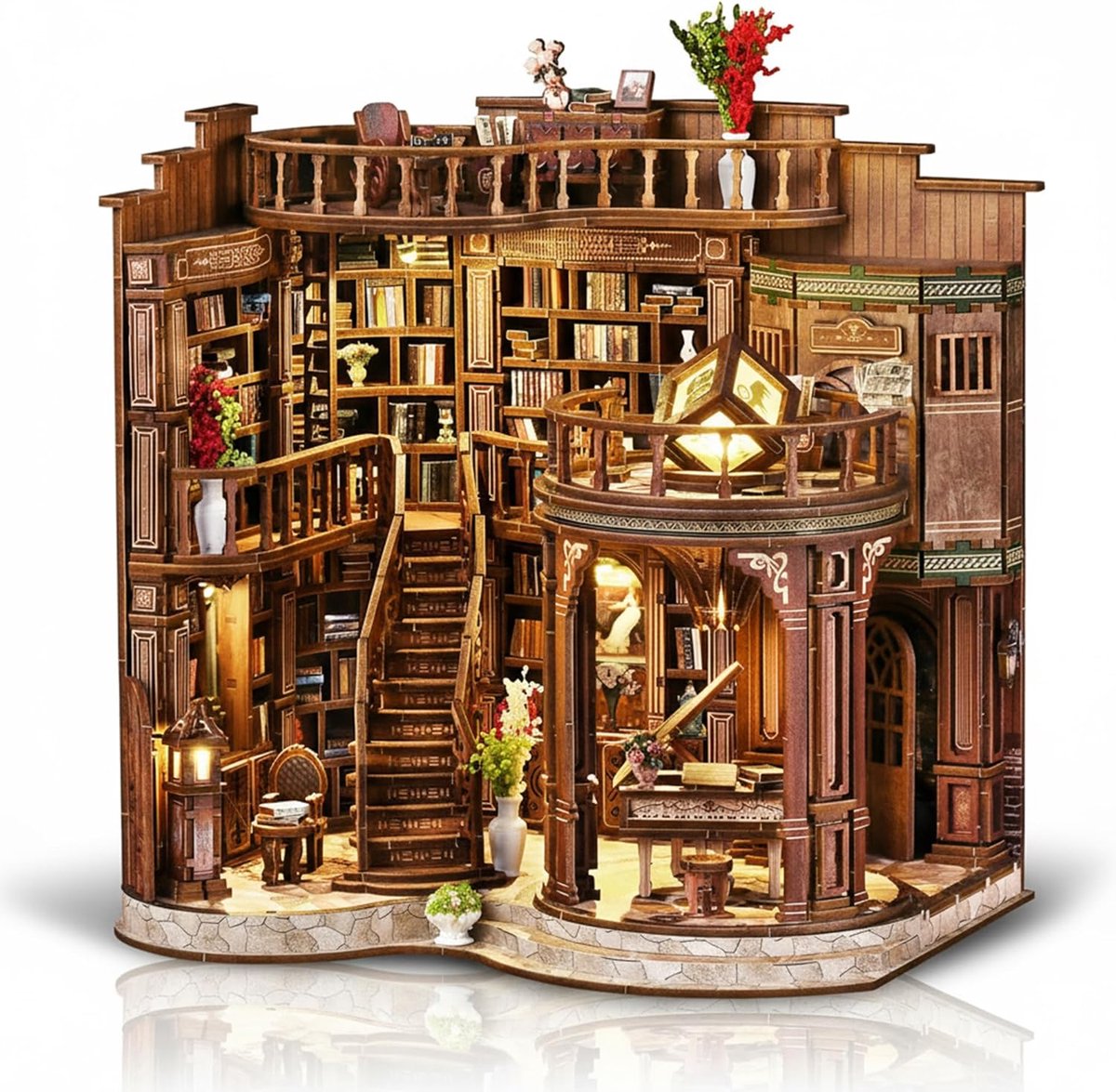 Miniatuur Bouwpakket - DIY Miniatuur Bibliotheek XL met LED – 888 Stuks Houten 3D Puzzel – Touch Verlichting – Luxe Boekenkast Model & Cadeau voor Volwassenen