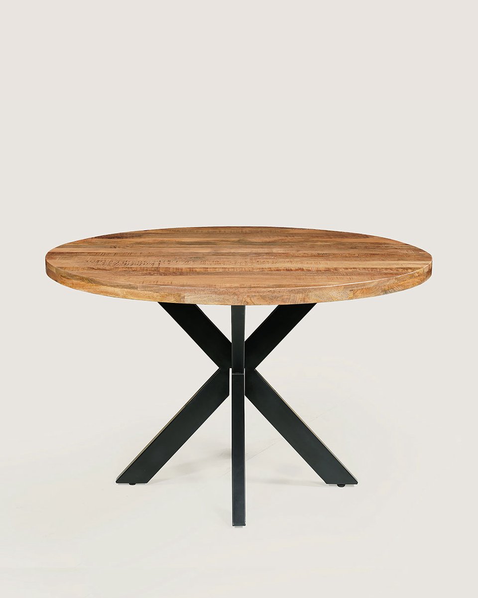 Ronde Eettafel 130 cm Mangohout – Rustiek – Zwart Metalen Matrix Onderstel – Industrieel – 5-6 Personen