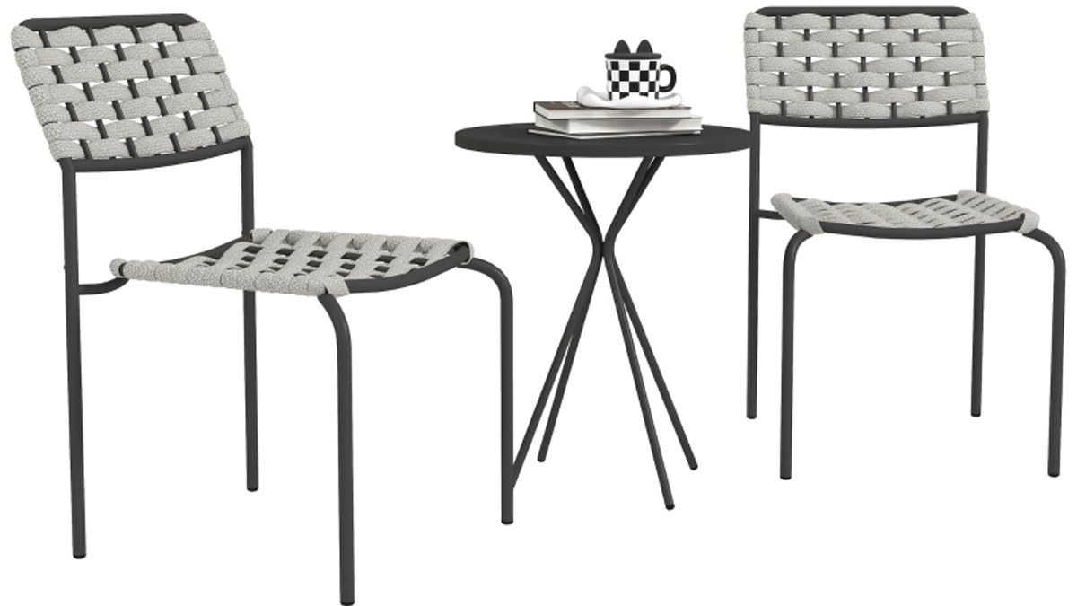 Gutent Loungesets - Balkonset - 3 Delig - 2 Zitplaatsen - 2 Stapelbare Stoelen - 1 Tafel - Polyratan - Incl Kussens - Weerbestendig - Grijs