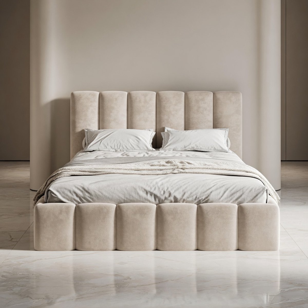 Royal Bubble Velvet Opbergbed 180x200 cm – Luxe Gestoffeerd Tweepersoonsbed met Hoofdbord en Hydraulische Opbergruimte – Inclusief Lattenbodem – Modern Design Bed in Crème Mobili Bella