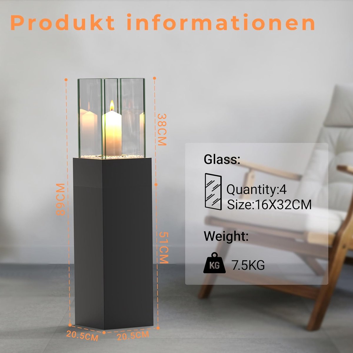 Staande open haard 89 cm 4-in-1 staande vuurzuil tafelhaard indoor & outdoor zwart – abtkantoor multifunctionele windlicht paal met glas, plantenbak & spirale vlam, tuin balkon & woonkamer decoratie