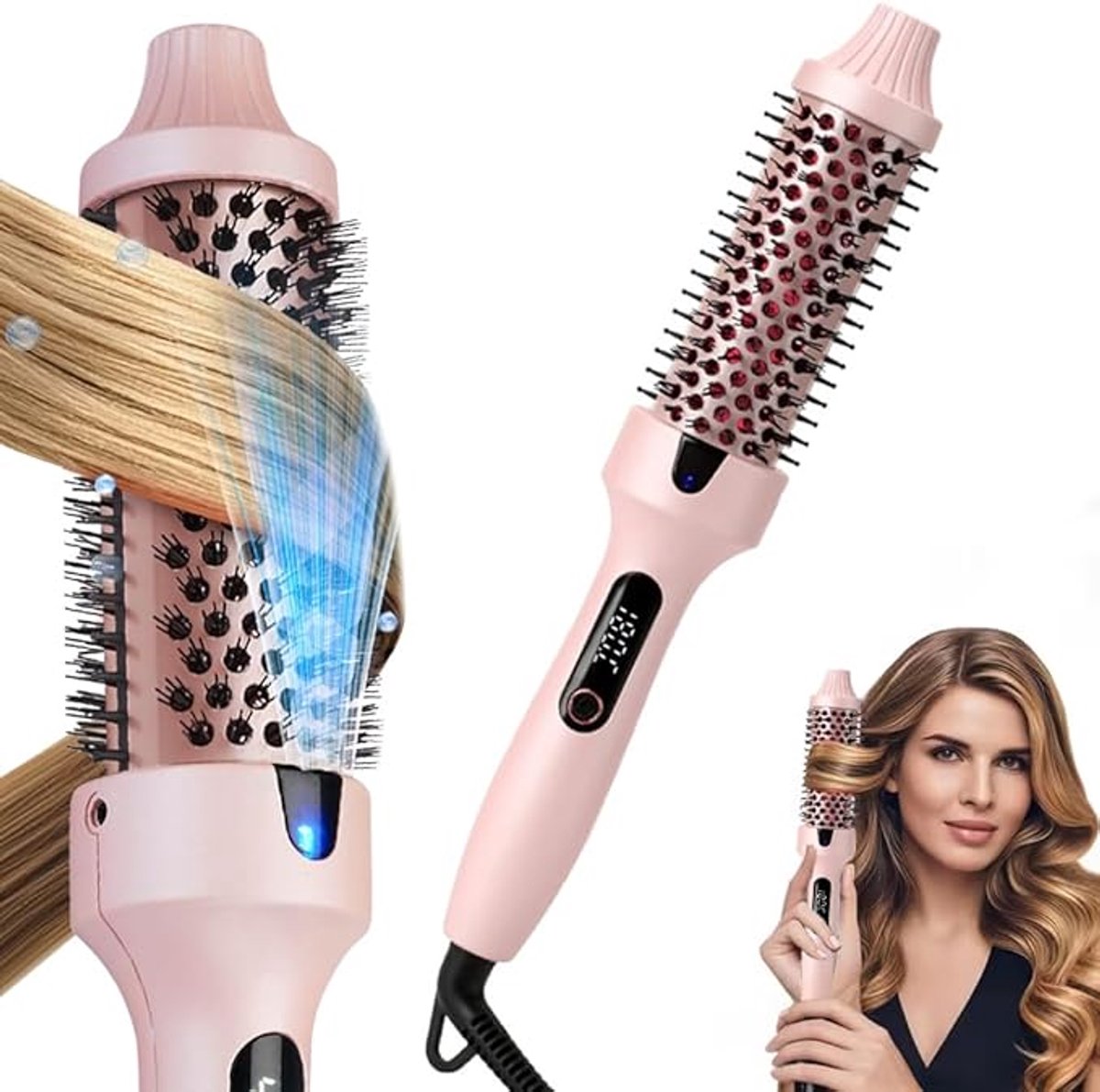 De verwarmde borstel wordt gebruikt om een stylingeffect te creëren; de verwarmde krulborstel met dubbele spanning is geschikt voor op reis;(Roze)
