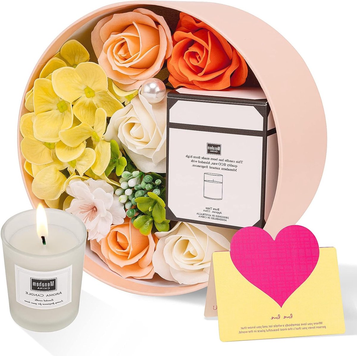 Ronde Doos met Zeepbloemen en Geurkaars - Persoonlijke Cadeaus voor Moeders, Verjaardag en Valentijnsdag