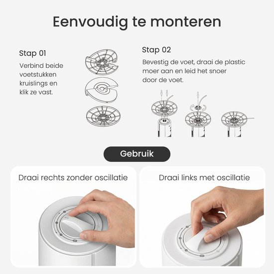 Instructies voor het monteren van de voet van de JAP torenventilator, met tekst en illustraties.