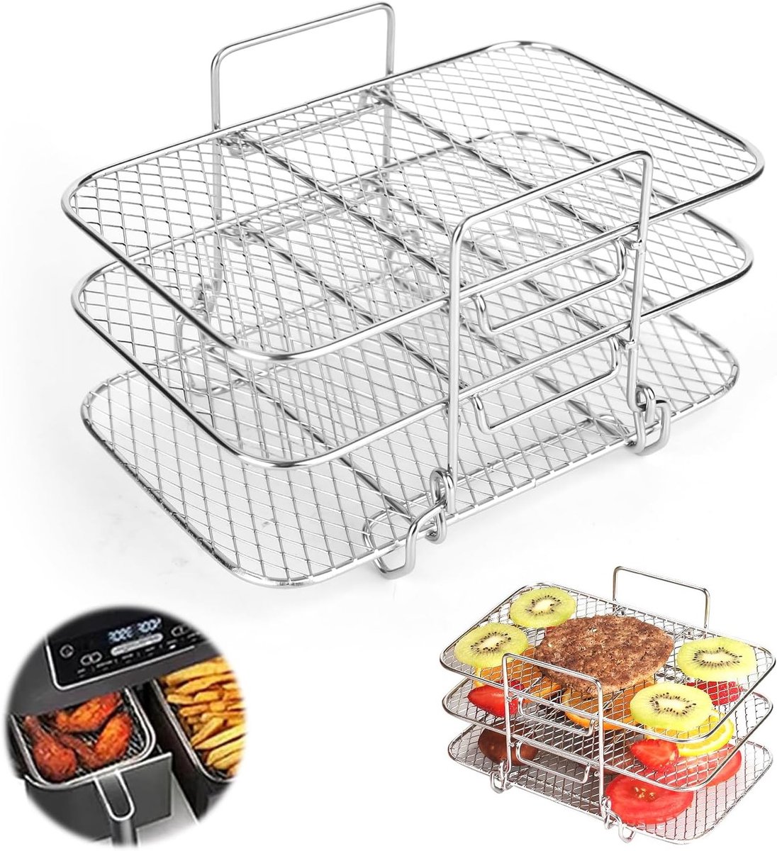 Grillrooster voor Airfryer van RVS 304, Drie-laags Stapelontwerp, Geschikt voor Diverse Airfryer Modellen, Perfect voor Gezond Koken