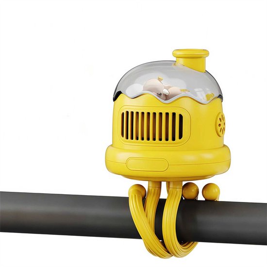 Oplaadbare bladloze kinderwagenventilator met flexibele klem, 3 snelheden, stil, USB-C, geel