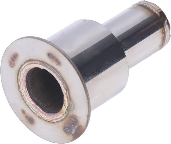 Silencieux d'échappement en inox avec bride et extrémité effilé. Soudures visibles.