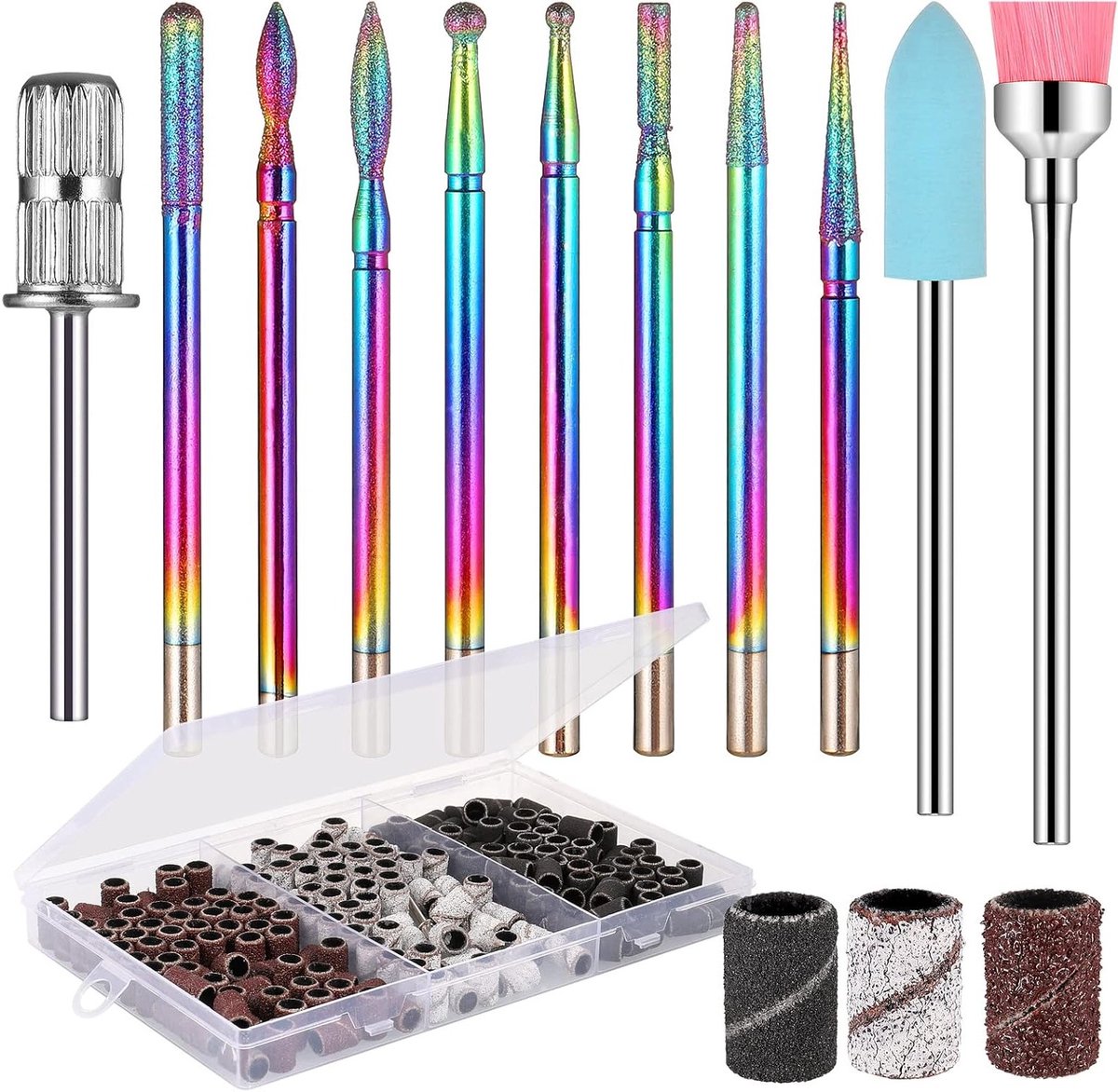 Complete set van 220 professionele nagelboorbits, schuurbanden en accessoires voor perfectie in nagelverzorging, inclusief titanium boorbits en cuticle drills