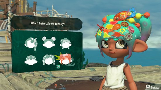 Een personage met turkoois haar en een schattige uitdrukking kijkt naar een menu met verschillende kapsels.