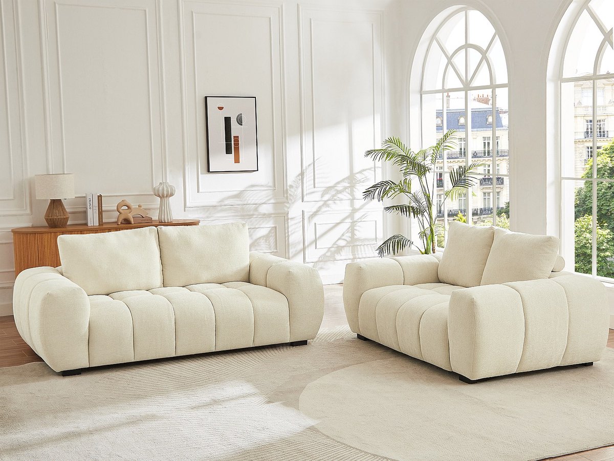 Vente-unique Tweezitsbank en driezitsbank in getextureerde beige stof BERENIA van Maison Céphy