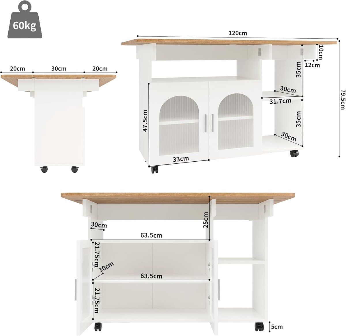 Keukeneiland op wielen met uitschuifbare eettafel – Keukenkast met opbergruimte en planken – Multifunctionele buffetkast en serveerwagen 120 cm wit – abtkantoor