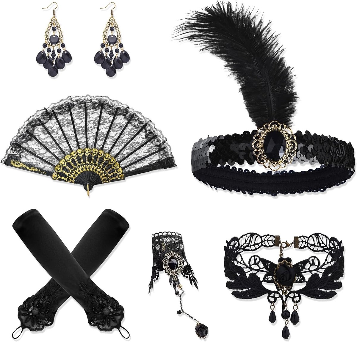 Vintage 20s Accessoires Set voor Dames met Veertjes, Armband, Handschoenen, Oorbellen en Halsketting voor Feest en Kostuum
