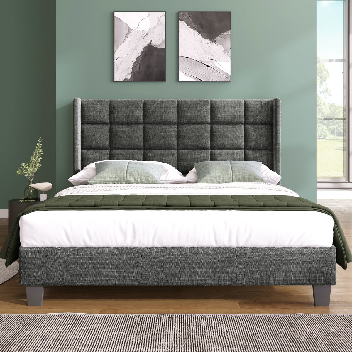 VVBV Gestoffeerd Tweepersoonsbed met Hoofdbord en Lattenbodem - 140x200 cm - Linnen - Grijs (Excl. Matras)