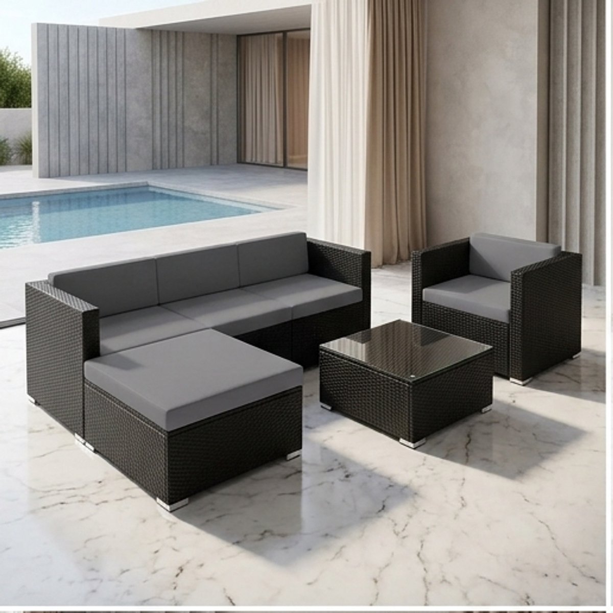 Luxe Polyrotan Lounge Set Milano met Bank, Stoel, Kruk en Glazen Tafel – Modulaire Weerbestendige Tuinmeubelset met Dikke Kussens voor Tuin, Terras en Balkon – Zwart/Grijs | medahomestore